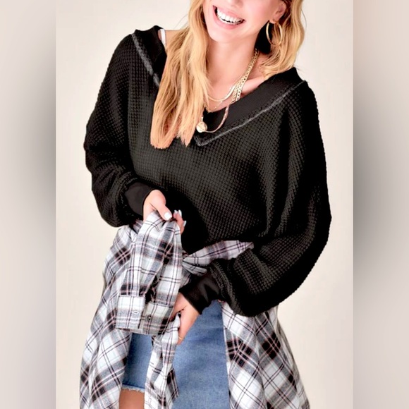 NWOT La Miel Waffle Stitching Detail Waffle Knit Top - Picture 3 of 16